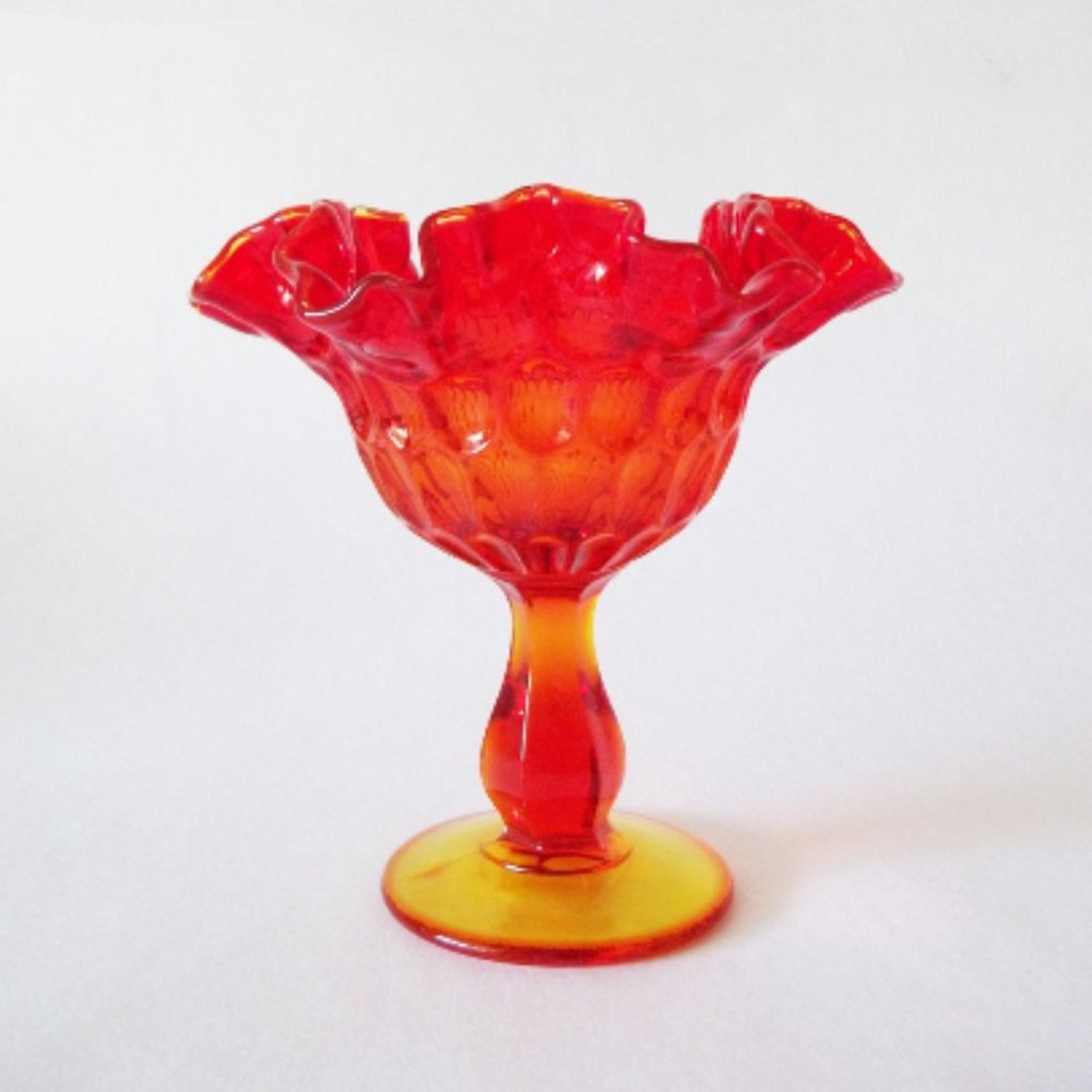 Fenton Glass Compote Candy Dish, Thumbprint Amberina, Vintage W VA Art Glass